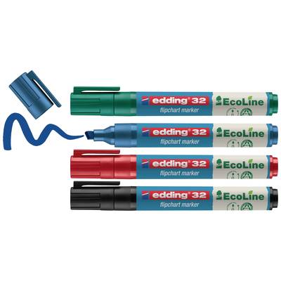Vier Edding 32 Flipchart-Marker in Grün, Blau, Rot und Schwarz, nebeneinander liegend, mit einem blauen Strich gezogen.