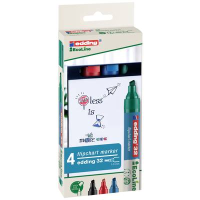 Verpackung mit vier Edding EcoLine Flipchart-Markern in verschiedenen Farben. Hauptmerkmale: nachhaltige Verpackung und breite Spitze.