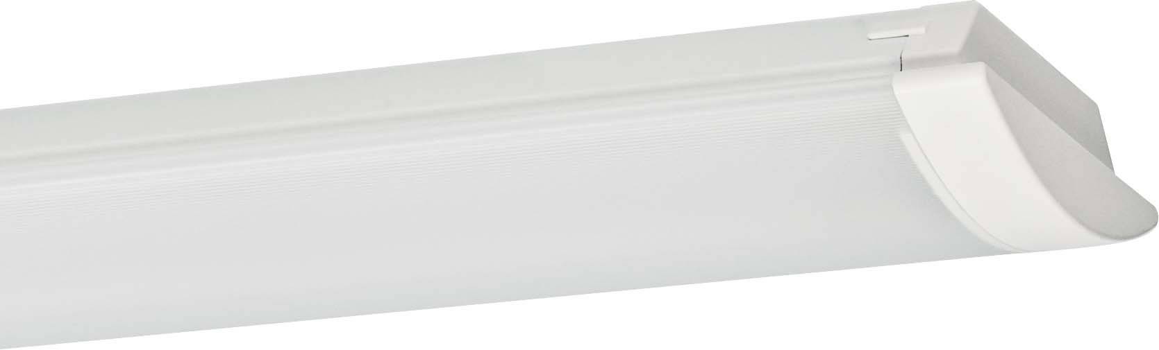 Eine weiße LED-Leuchte mit rechteckigem Gehäuse, geeignet für Deckenmontage in Innenräumen. Modernes Design für gleichmäßige Ausleuchtung.