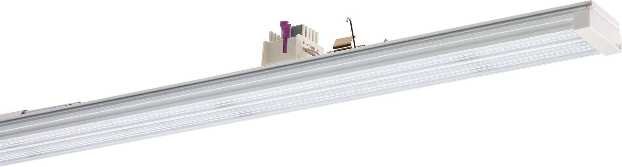 Eine lange, schmale LED-Leuchte mit silbernem Gehäuse und technischem Anschluss oben, geeignet für industrielle oder kommerzielle Beleuchtung.