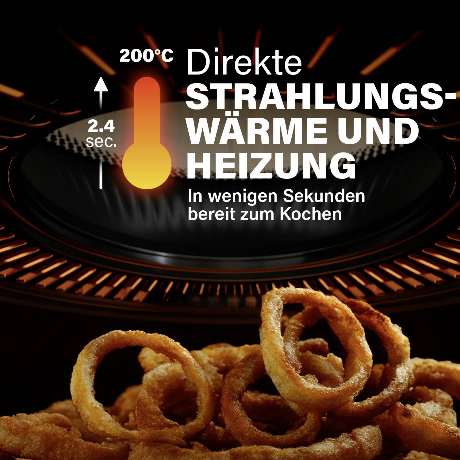 Ringe auf einem Grill, Text 'Direkte Strahlungswärme und Heizung, bereit zum Kochen in 2,4 Sekunden bei 200°C'.