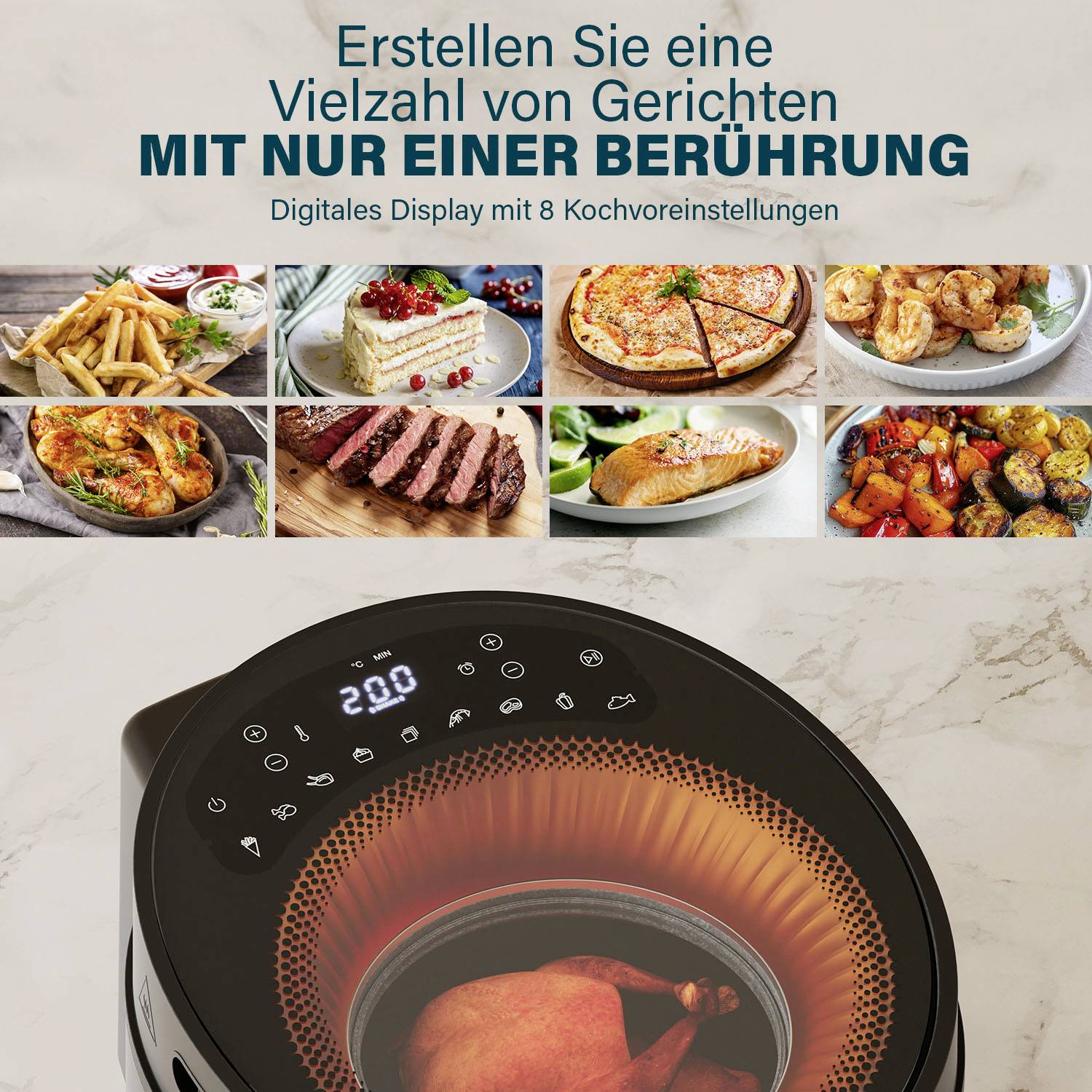 'Erstellen Sie eine Vielzahl von Gerichten mit nur einer Berührung. Digitales Display mit 8 Kochvoreinstellungen.' Verschiedene Gerichte umgeben einen Fritteuse.