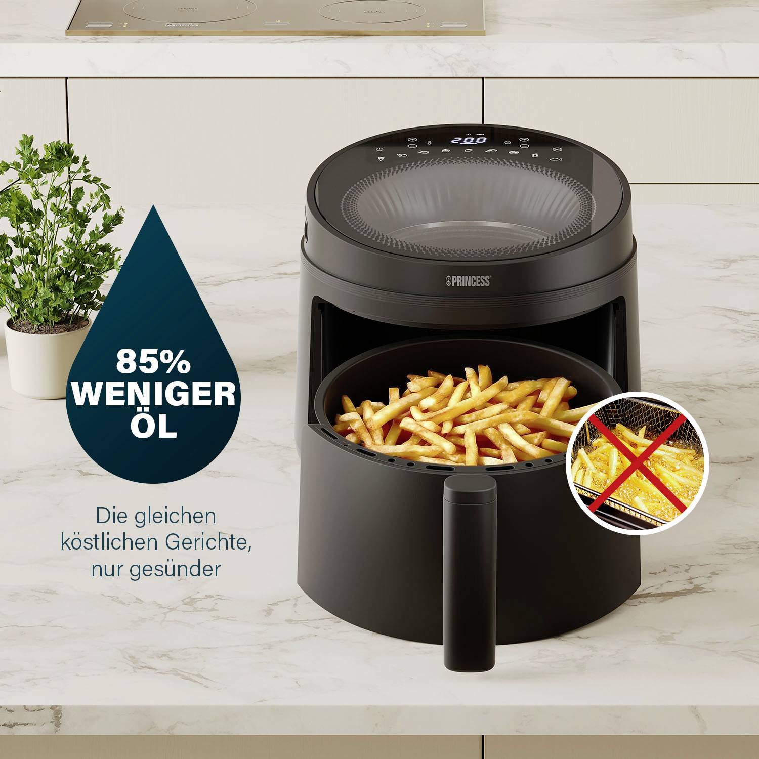 Eine Heißluftfritteuse mit Pommes Frites. Text auf Tropfen: '85% weniger Öl'. Text unten: 'Die gleichen köstlichen Gerichte, nur gesünder'.