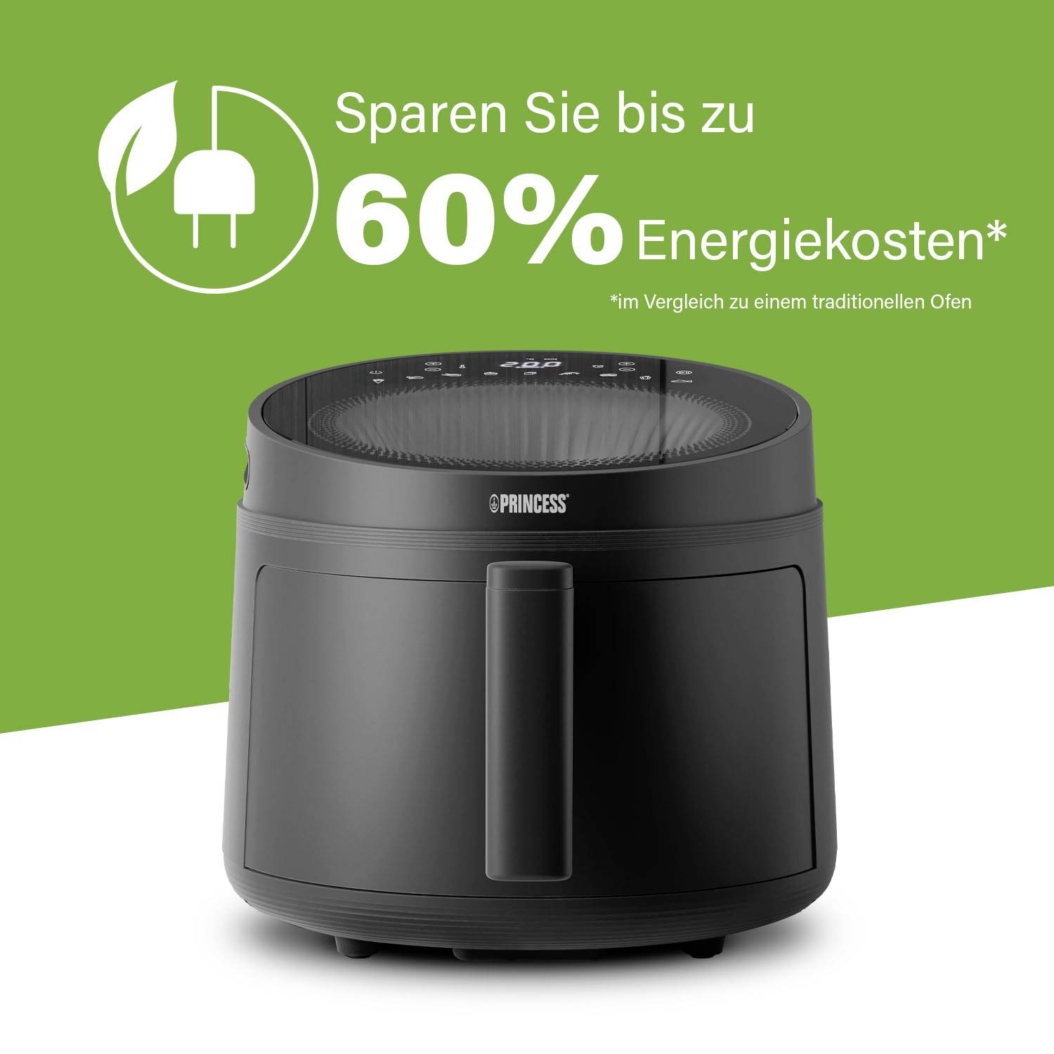Luftfritteuse vor grünem Hintergrund mit Text 'Sparen Sie bis zu 60% Energiekosten*' und kleinem Hinweis '*im Vergleich zu einem traditionellen Ofen'.