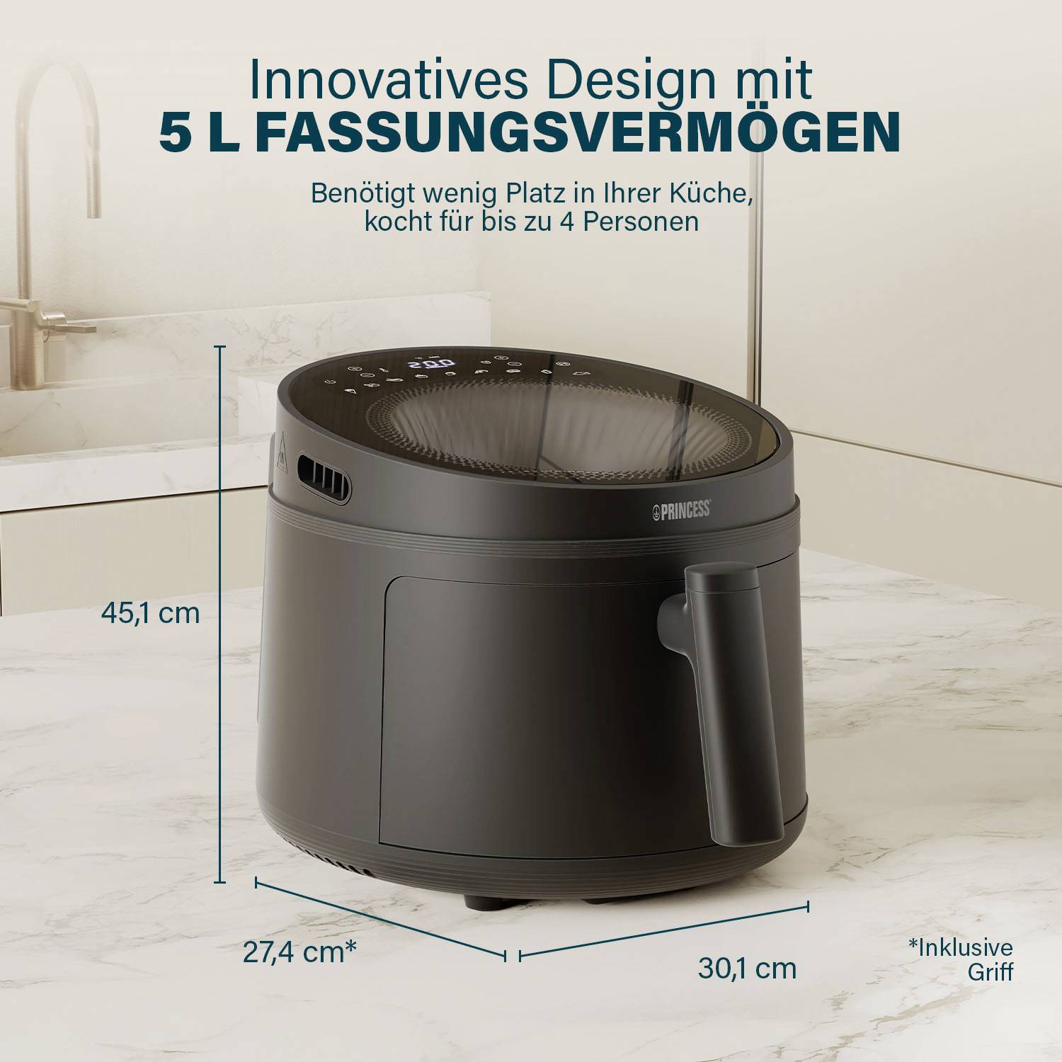 'Luftfritteuse mit 5 Liter Fassungsvermögen. Kompaktes Design, geeignet für bis zu 4 Personen. Maße: 45,1 cm hoch, 27,4 cm tief, 30,1 cm breit. Inklusive Griff.'