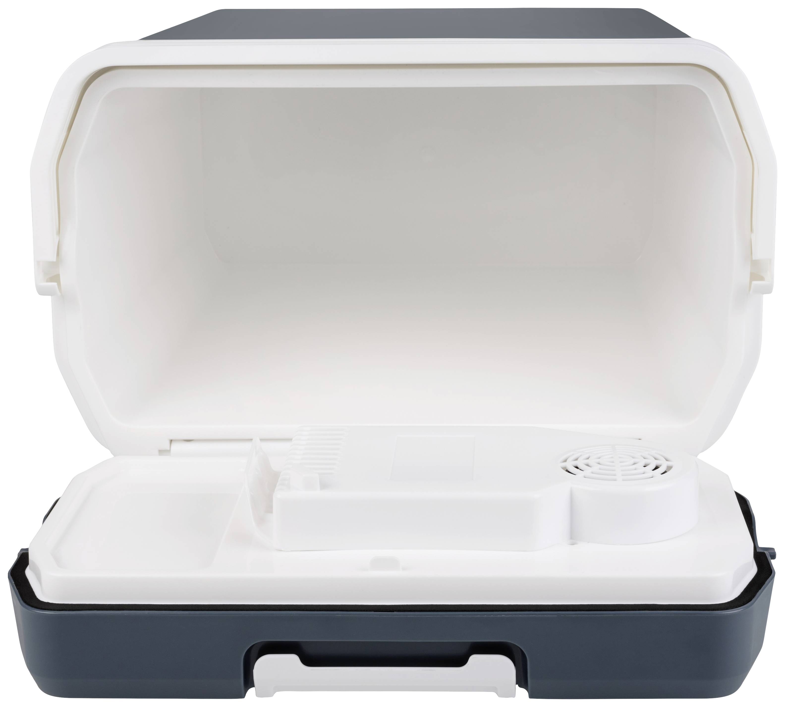 Ein offener, leerer mini Kühlschrank mit abnehmbarem Fach.