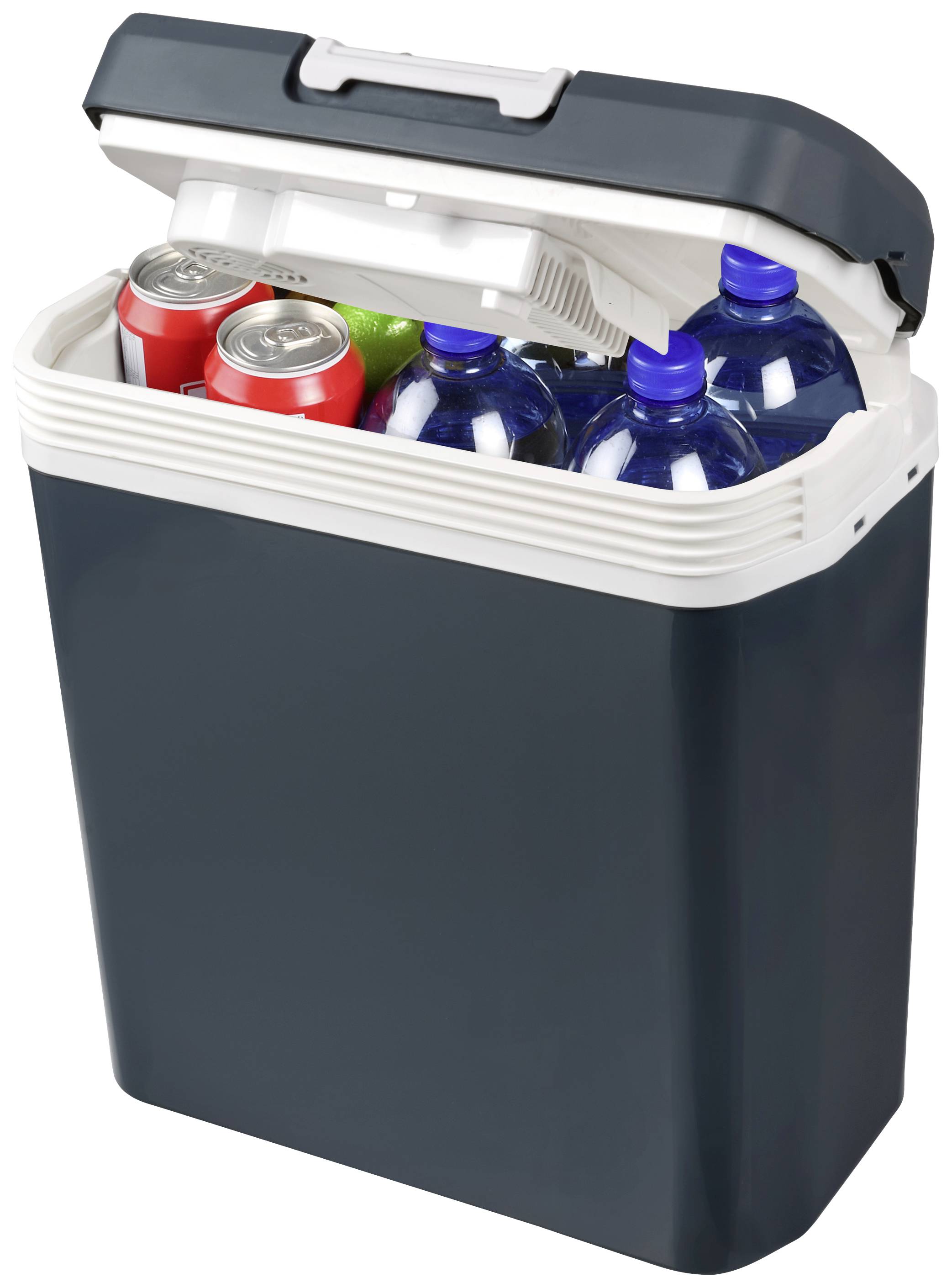 Eine Kühlbox mit geöffnetem Deckel zeigt Wasserflaschen, Getränkedosen und eine Limette im Inneren. Ideal für Picknicks oder Reisen.