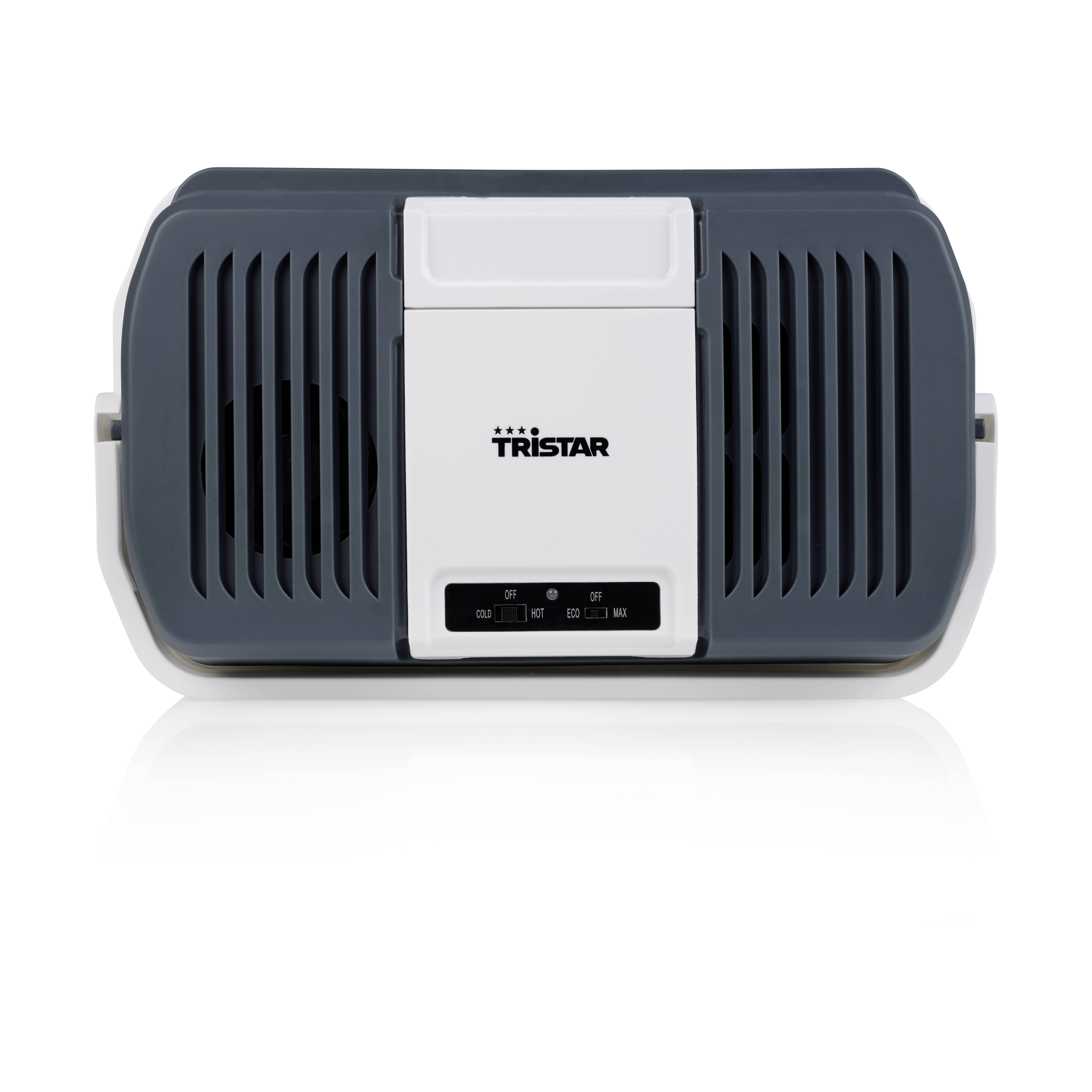 Kleiner tragbarer Kühlschrank der Marke Tristar, für den Einsatz im Auto oder beim Camping, mit Lüftungsschlitzen und Bedienelementen.