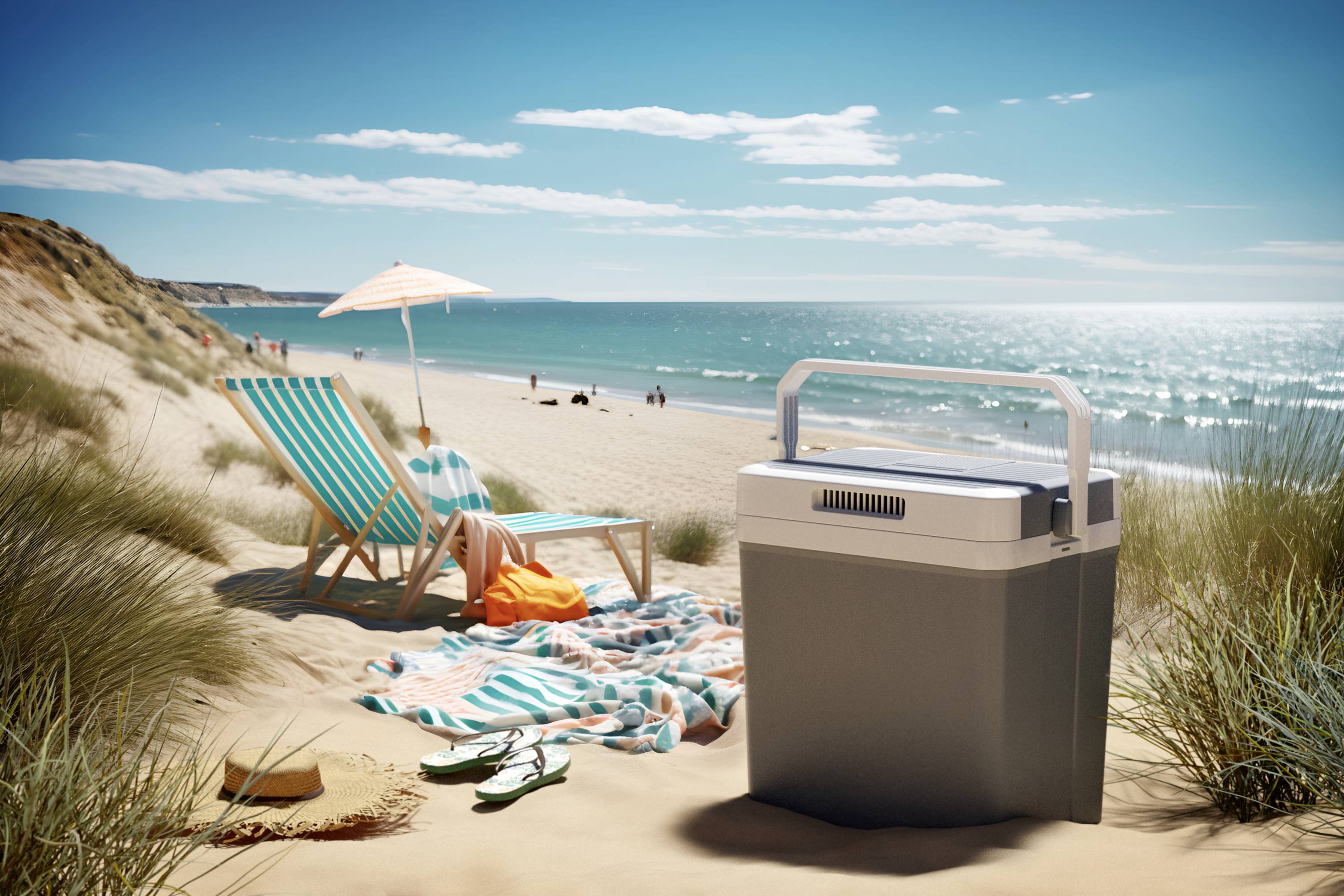 Ein Strand mit Sonnenschein, einem Liegestuhl, Sonnenschirm und Kühltasche auf dem Sand. Meer und einige Leute im Hintergrund.