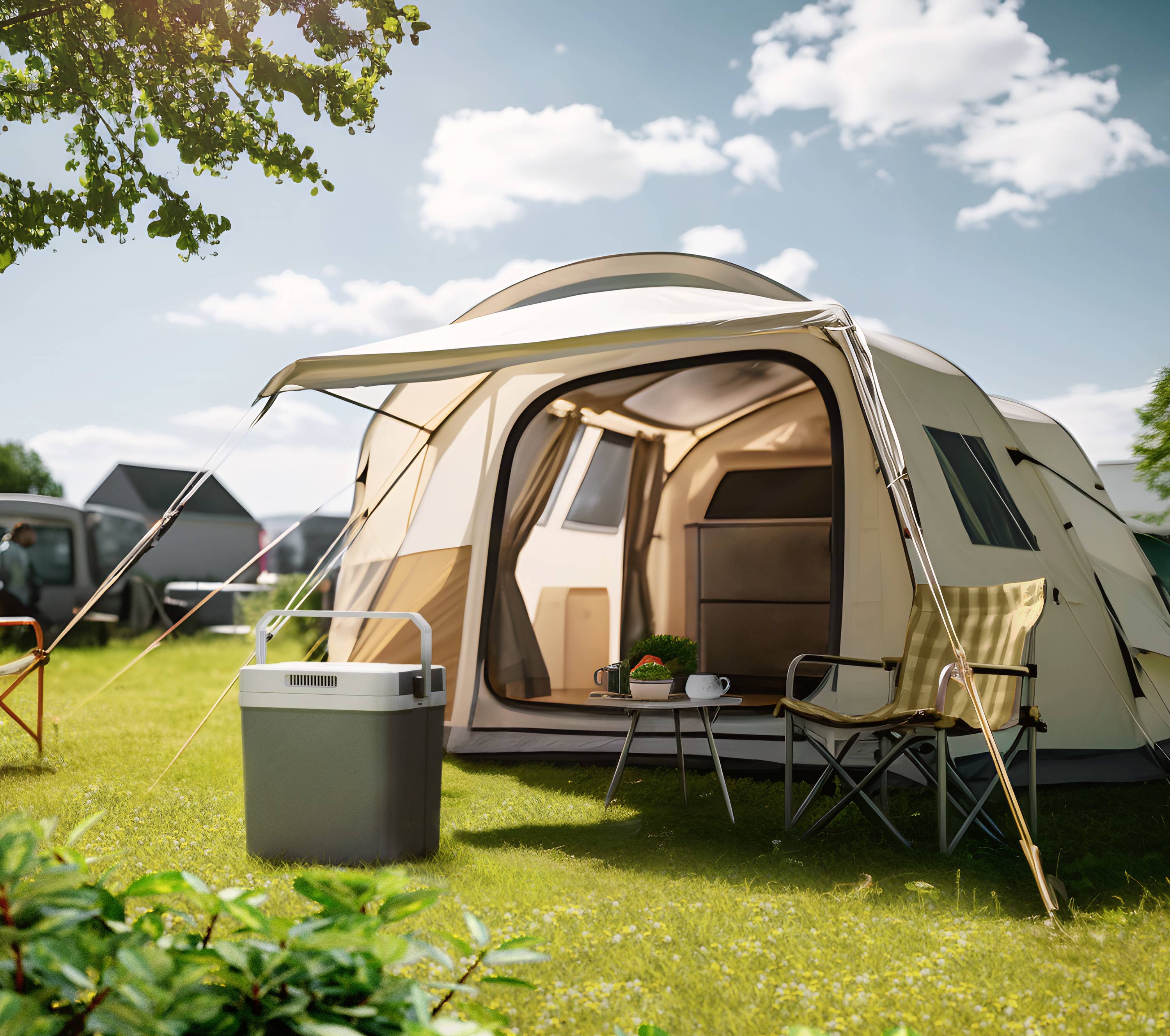 Ein Campingplatz mit einem großen Zelt, zwei Stühlen und einem Tisch mit Getränken unter einem sonnigen, wolkigen Himmel. Im Vordergrund ein Kühlschrank.