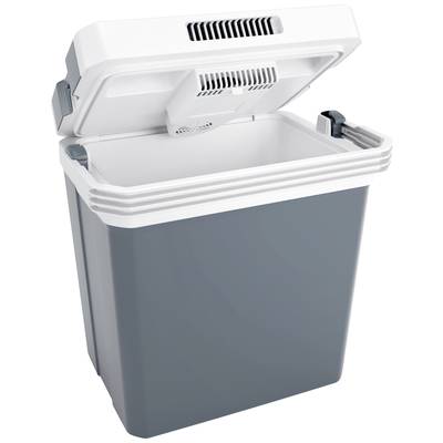 Eine geöffnete graue Kühlbox mit weißem Deckel, der viel Platz für Lebensmittel bietet. Ideal für Ausflüge und Camping.