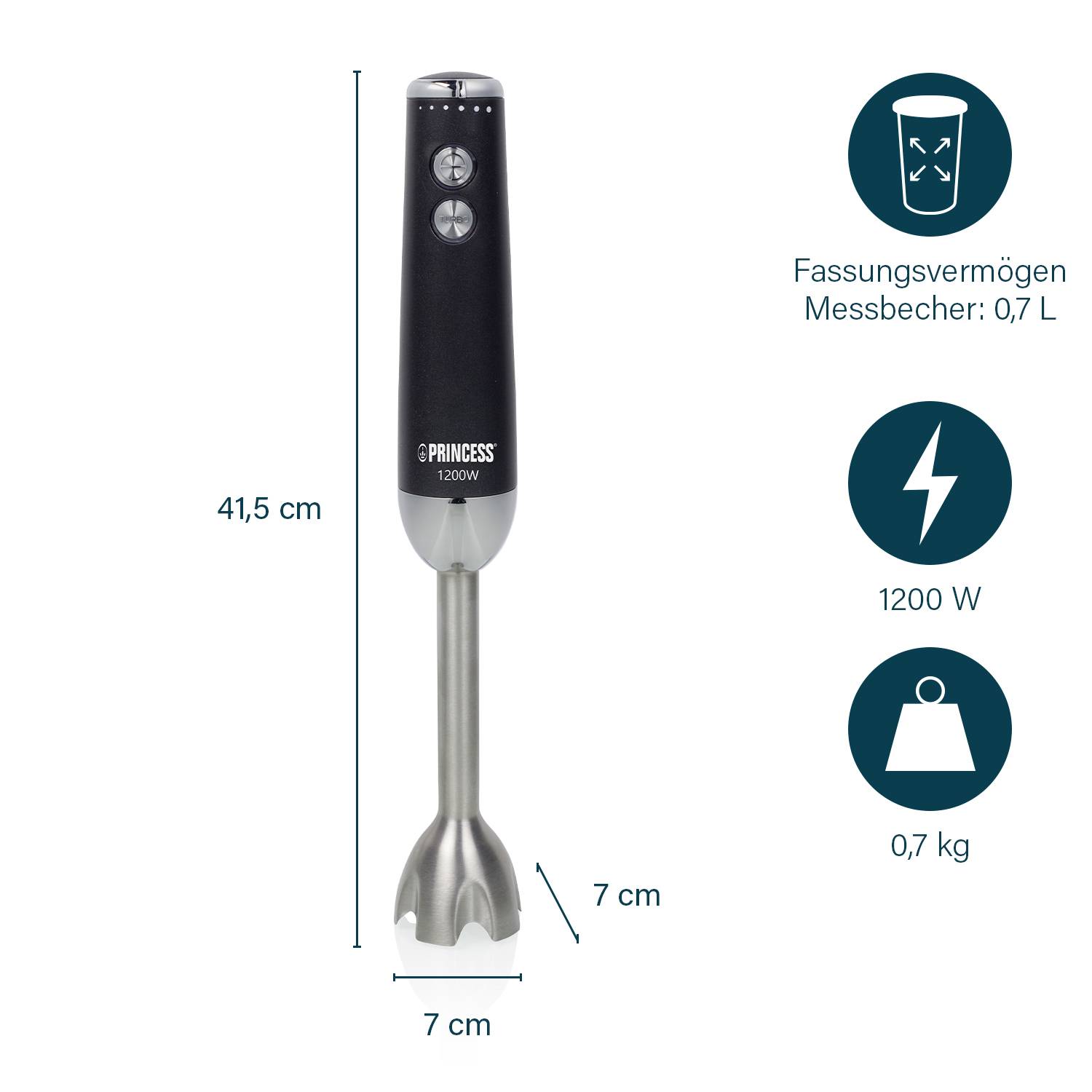 Der Stabmixer ist 41,5 cm hoch und hat 1200 W Leistung. Er wiegt 0,7 kg. Der Messbecher hat ein Fassungsvermögen von 0,7 Litern.