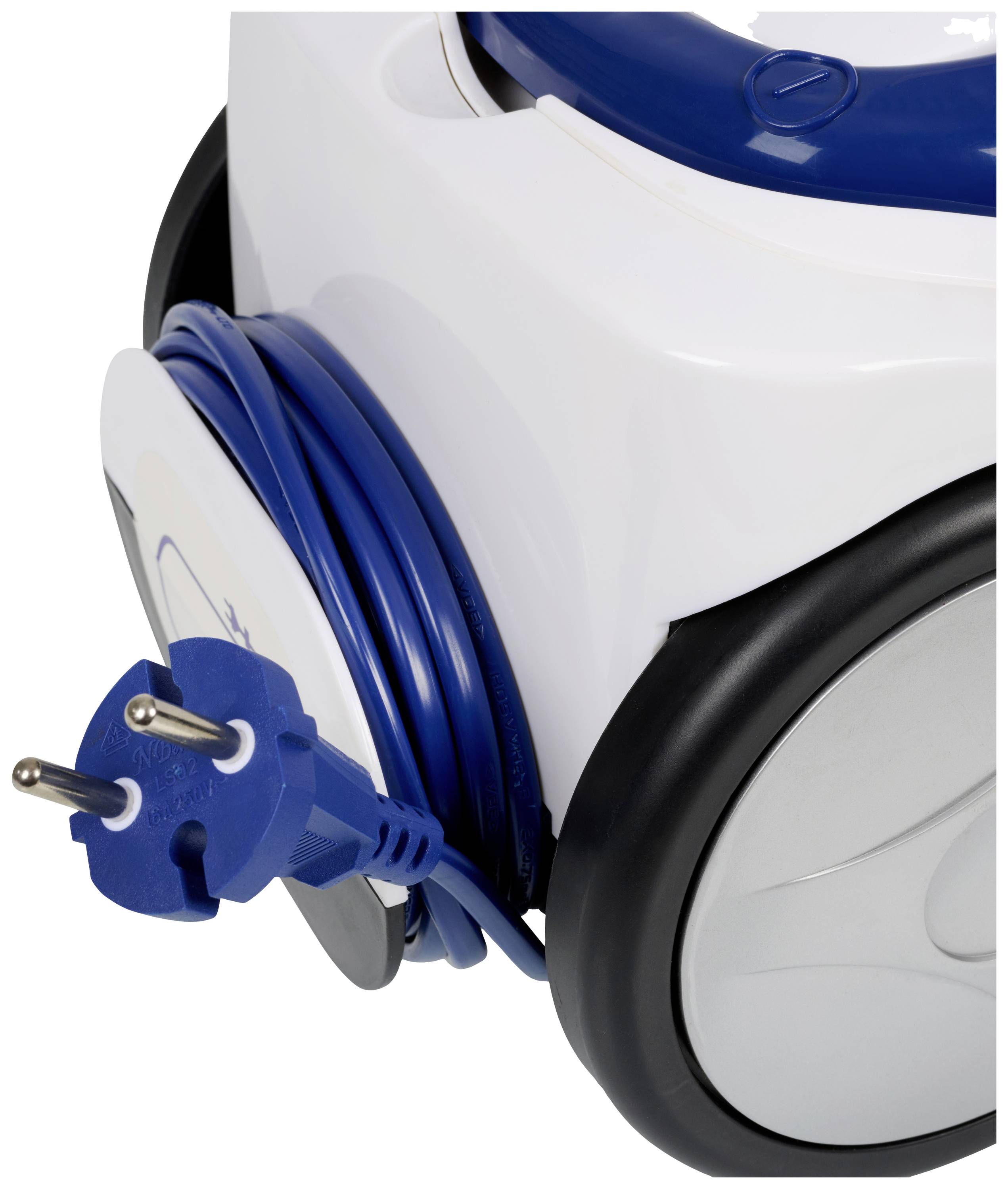 Ein Staubsauger mit aufgerolltem blauen Kabel und Stecker an der Seite.
