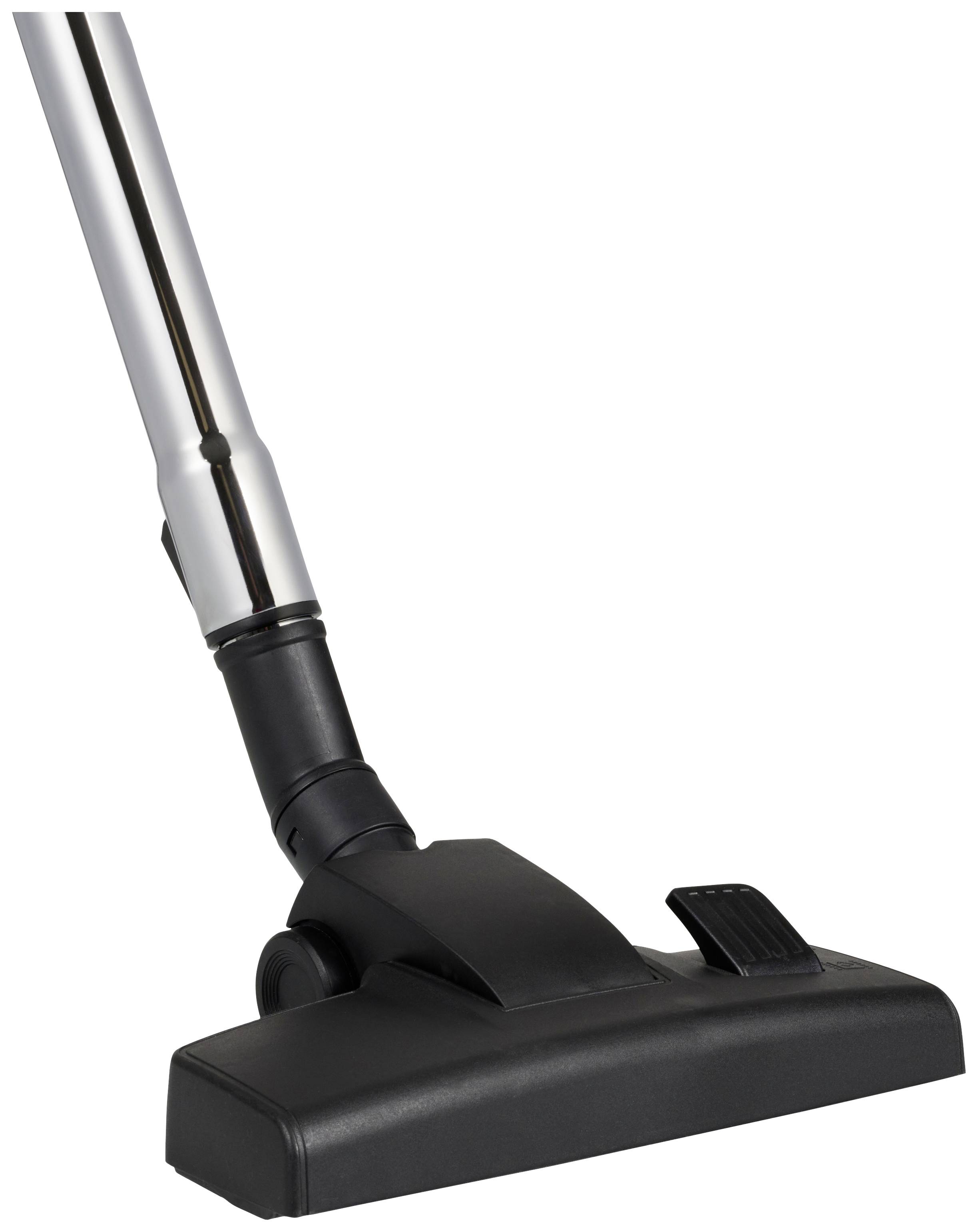 Ein Staubsauger mit einer schwarzen Düse und silbernem Rohr vor weißem Hintergrund.