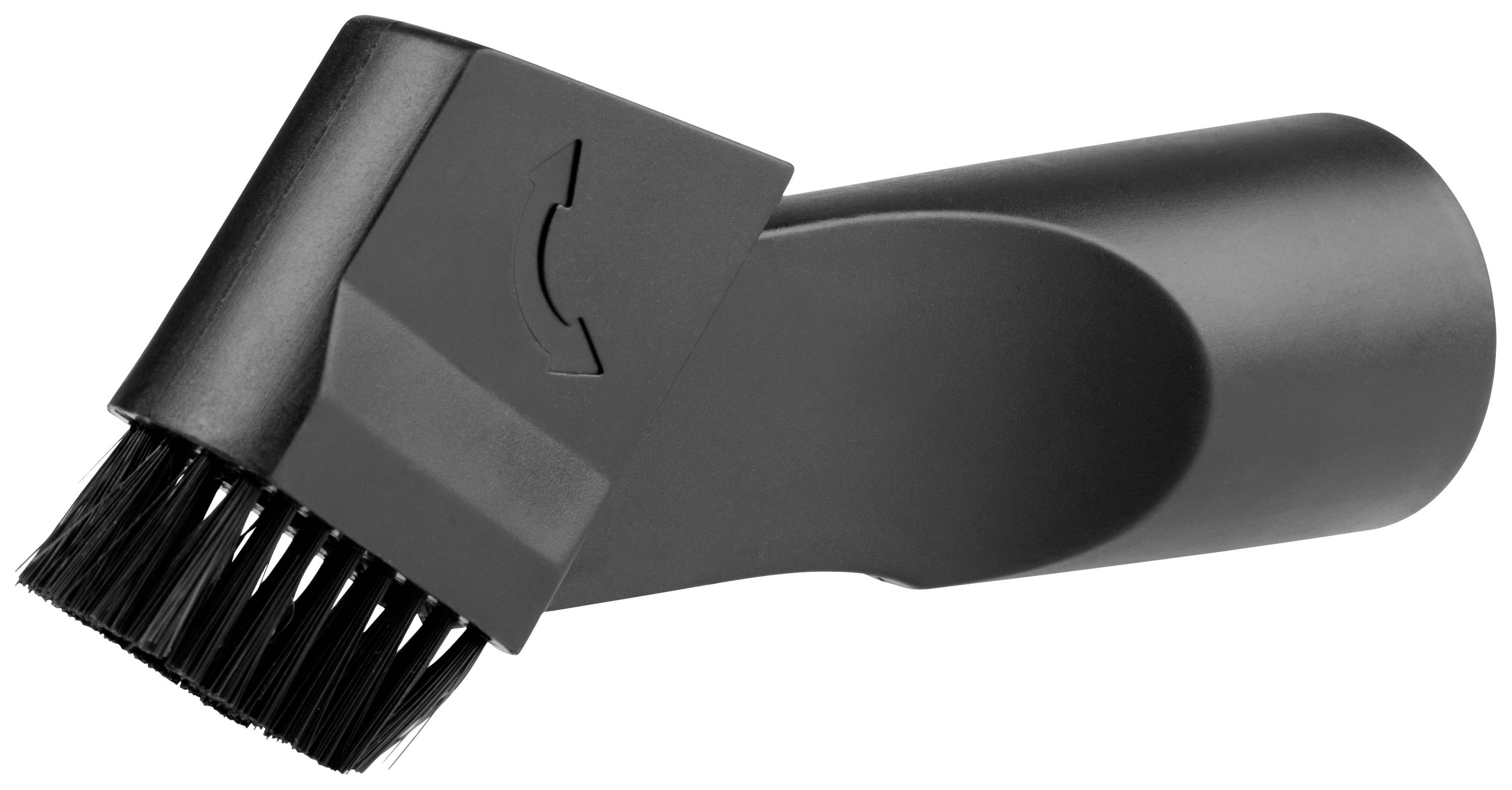 Schwarze, abgewinkelte Staubsaugerdüse mit einer Bürste. Geeignet zum Reinigen von Polstern und schwer erreichbaren Stellen.
