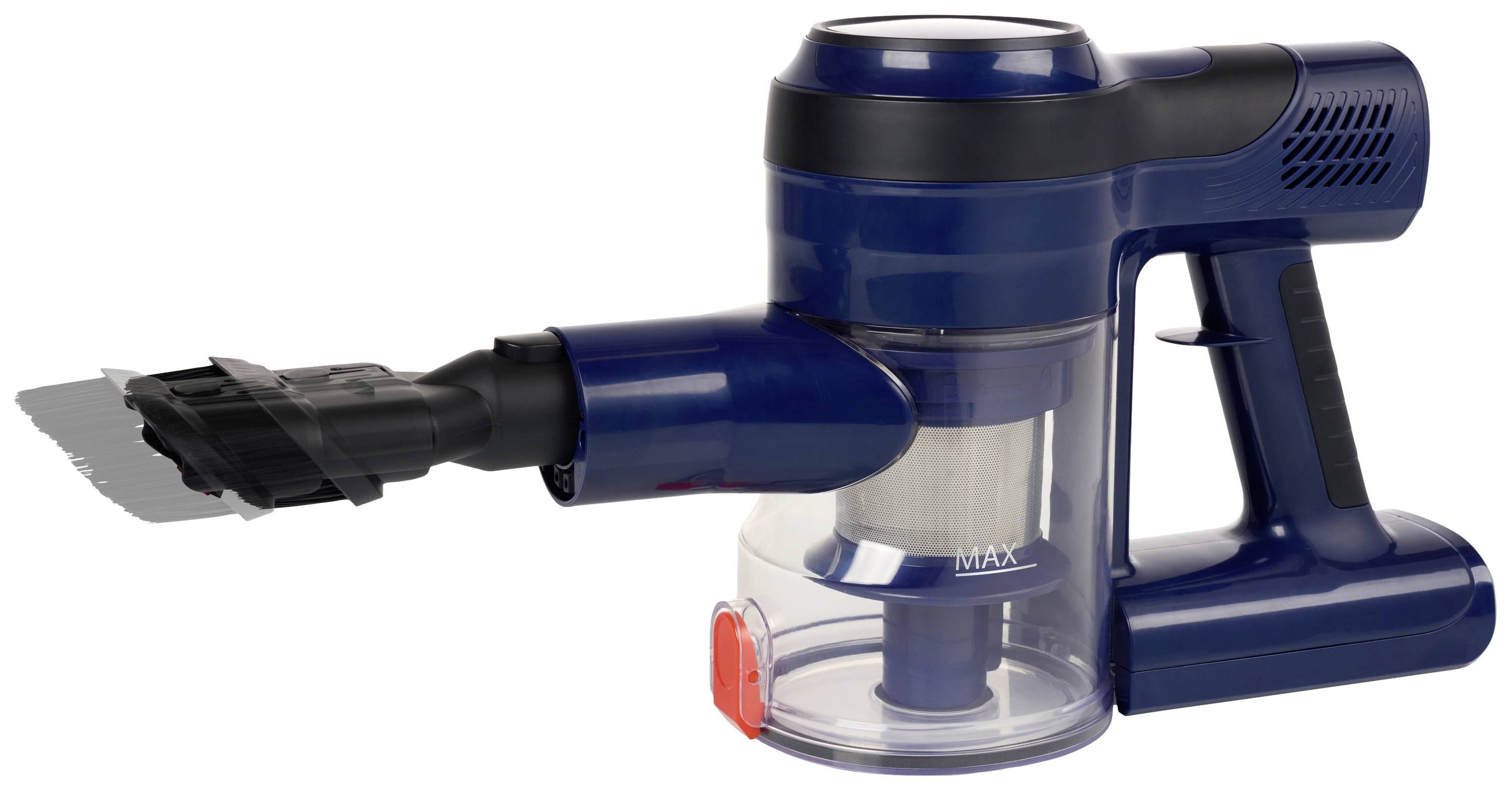 Blauer Handstaubsauger mit durchsichtigem Behälter und schwarzer Düse. Gerät zeigt MAX-Füllanzeige am Behälter.