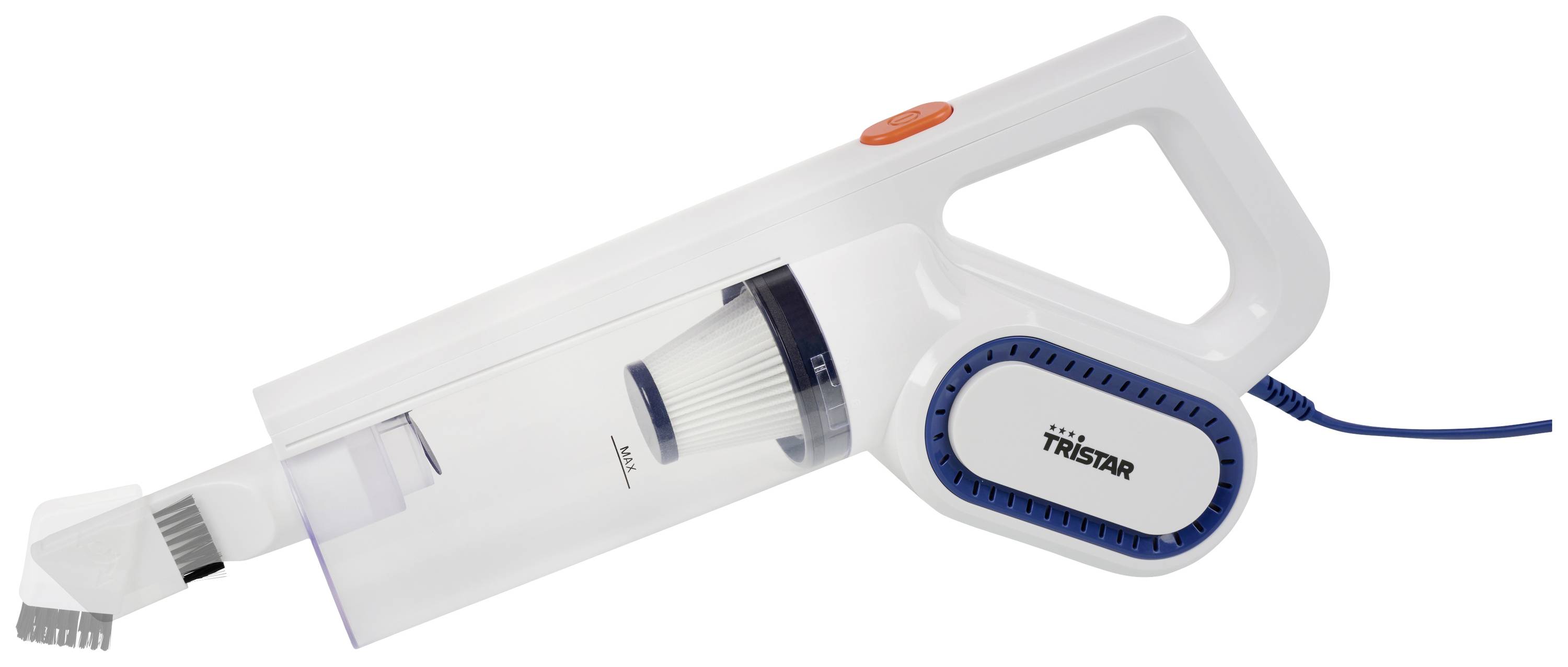 Handlicher weißer Staubsauger mit abnehmbarer Düse und blauer Aufschrift 'Tristar'. Ideal für kleine Reinigungsarbeiten.