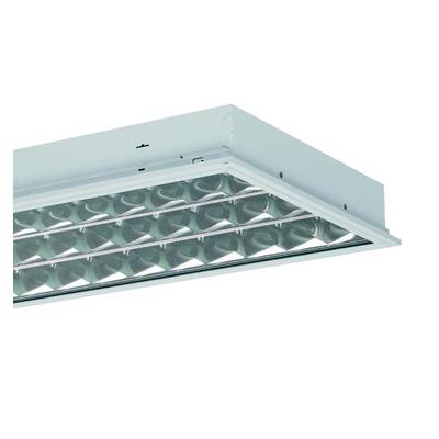 Eine rechteckige, weiße Deckenleuchte mit gerasterten Glasabdeckungen, die für eine gleichmäßige Lichtverteilung sorgt.