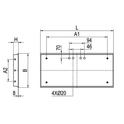 Technische Zeichnung einer rechteckigen Metallplatte mit Bohrlöchern. Maße: L, H, B, A1, A2 angegeben. Bohrlochdurchmesser: 20 mm.