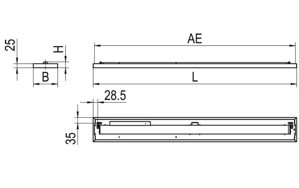 Technische Zeichnung eines linearen Bauteils mit den Maßen: Höhe 25 mm, Breite B, Länge L, Höhe 35 mm, Breite 28,5 mm, Gesamtlänge AE.