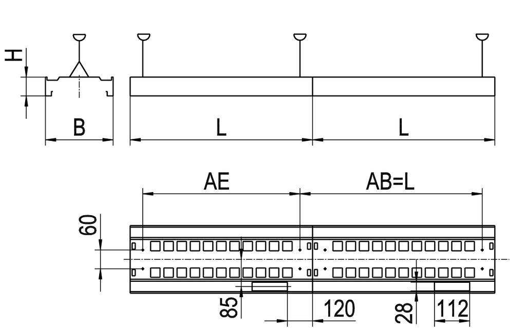 Technische Zeichnung eines Bauteils mit den Maßen: Höhe (H), Breite (B), Länge (L), sowie weiteren spezifischen Abmessungen AE, AB=L, 85, 120, 112.