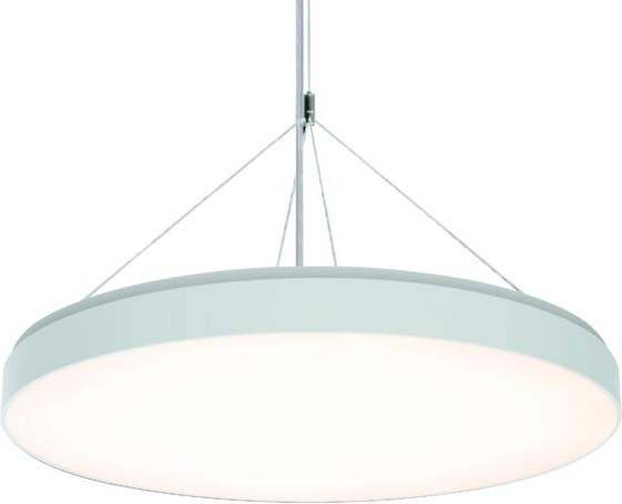Runde, moderne Hängelampe mit weißem Schirm und Metallaufhängung, zeigt minimalistisches Design. Geeignet für zeitgenössische Räume.