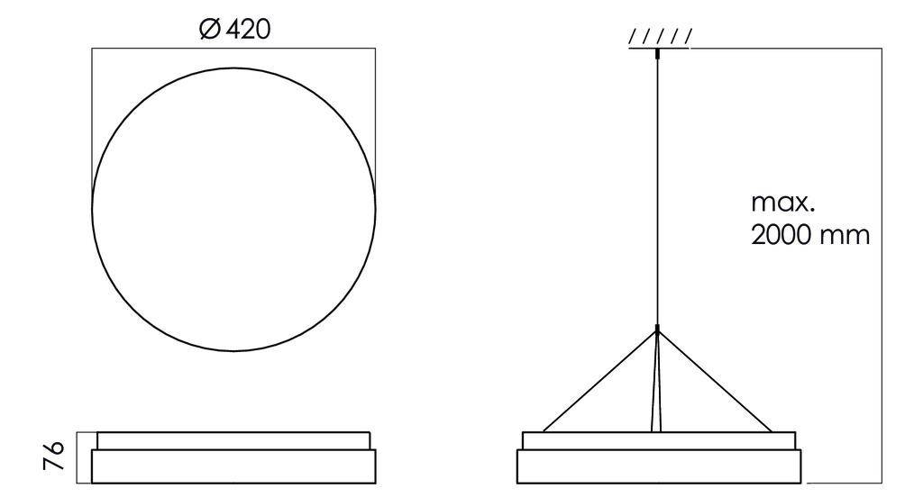 Skizze einer runden Hängelampe. Durchmesser: 420 mm, Höhe: 76 mm, maximale Länge des Kabels: 2000 mm. Seiten- und Draufsicht.