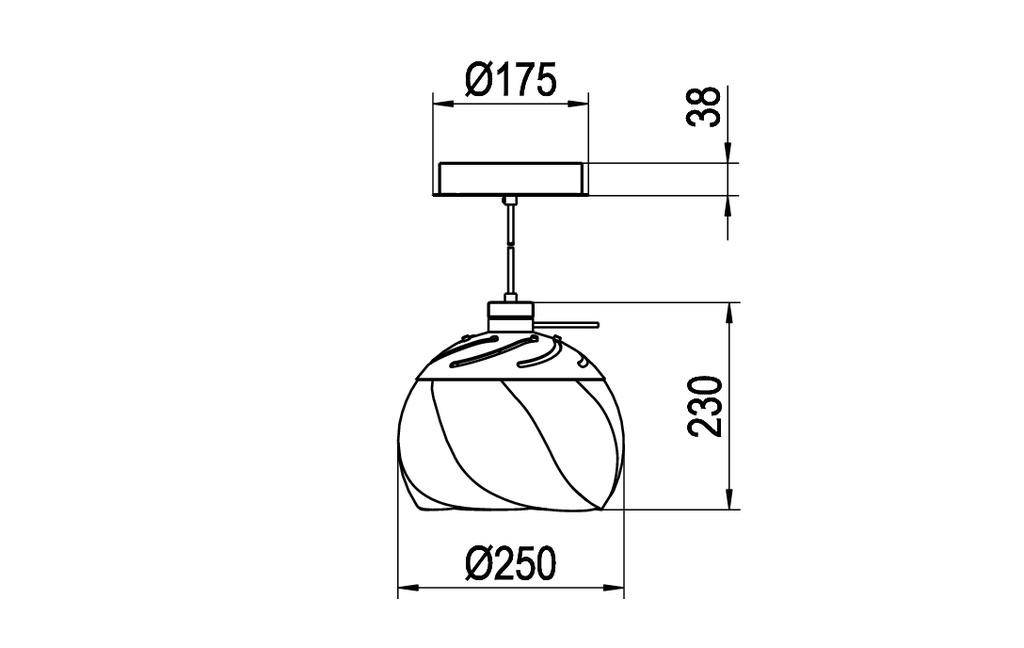 Technische Zeichnung einer Deckenleuchte mit den Maßen: Breite 250 mm, Höhe 230 mm, Deckenplatte Ø175 mm, Höhe 38 mm.