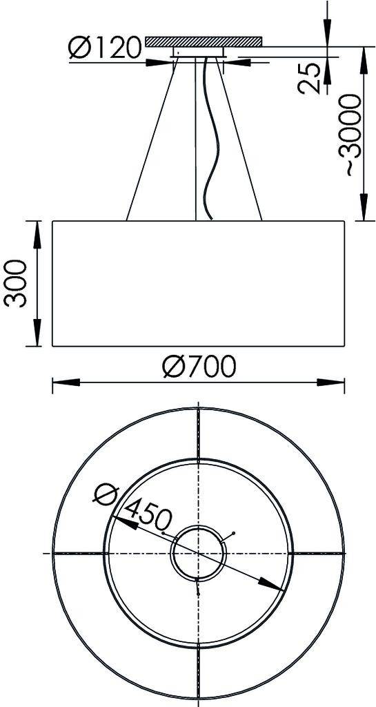Technische Zeichnung einer hängenden Leuchte mit schematischen Maßen: Durchmesser 700 mm, Höhe 300 mm, Kabel 3000 mm lang. Draufsicht und Seitenansicht enthalten.