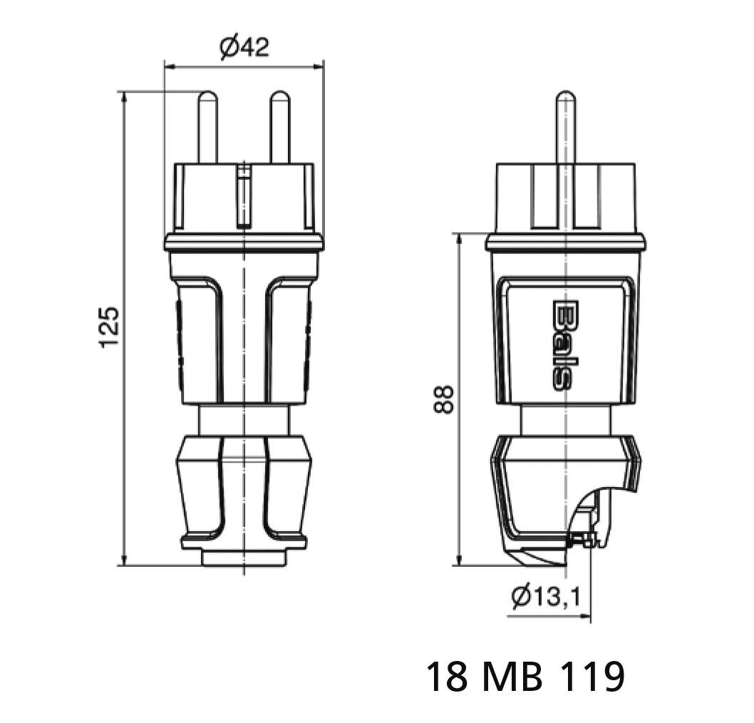Technische Zeichnung eines Steckers mit Maßen: Länge 125 mm, Durchmesser 42 mm und 13,1 mm. Aufschrift 'Bals'. Modellnummer: 18 MB 119.