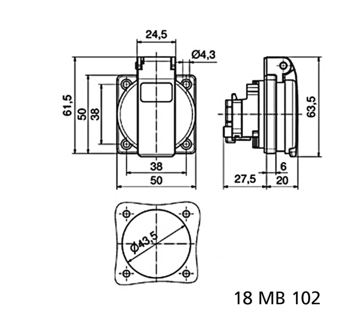 Technische Zeichnung eines mechanischen Bauteils mit Bemaßungen: Höhe 63,5 mm, Breite 50 mm, Befestigungslöcher im Quadrat, Artikelnummer 18 MB 102.