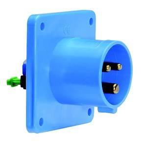 Blaue Steckdose mit drei goldenen Kontakten und grünem Anschluss an der Seite, geeignet für industrielle Anwendungen.