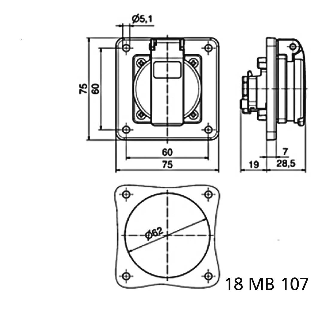 Technische Zeichnung eines quadratischen Flansches mit Durchmessern und Abmessungen in Millimetern, seitliche und frontale Ansicht.