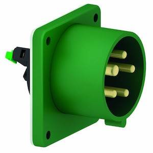 Grüne, quadratische Steckdosenbuchse mit vier runden Kontakten, geeignet für industrielle Anwendungen.
