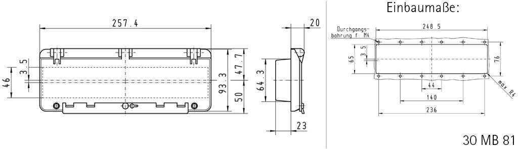 Technische Zeichnung eines rechteckigen Bauteils mit Abmessungen. Titel 'Einbaumaße'. Details zu Breite, Höhe und Bohrpositionen.