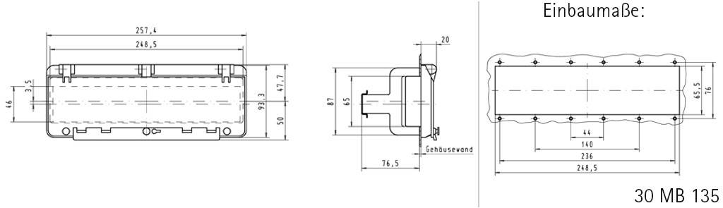 Technische Zeichnung eines rechteckigen Bauteils mit den Maßen: 257,4 x 74,5 x 74,5 mm. Beschriftet als 'Einbaumaße: 30 MB 135'.
