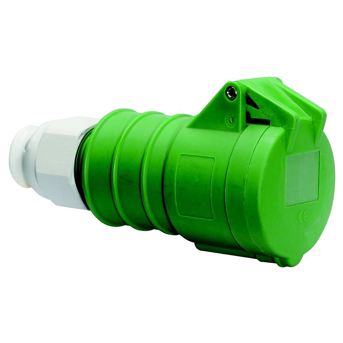 Grünes, zylinderförmiges elektronisches Gerät mit einer weißen Kappe und geripptem Körper, möglicherweise ein Sensor oder Schalter.