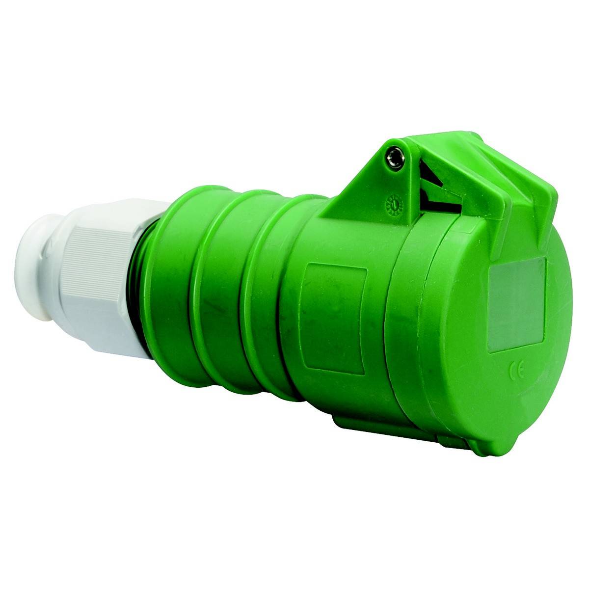 Grüner, kompakter Stecker mit geriffeltem Design und Schraubverschluss, geeignet für industrielle Verbindungen.