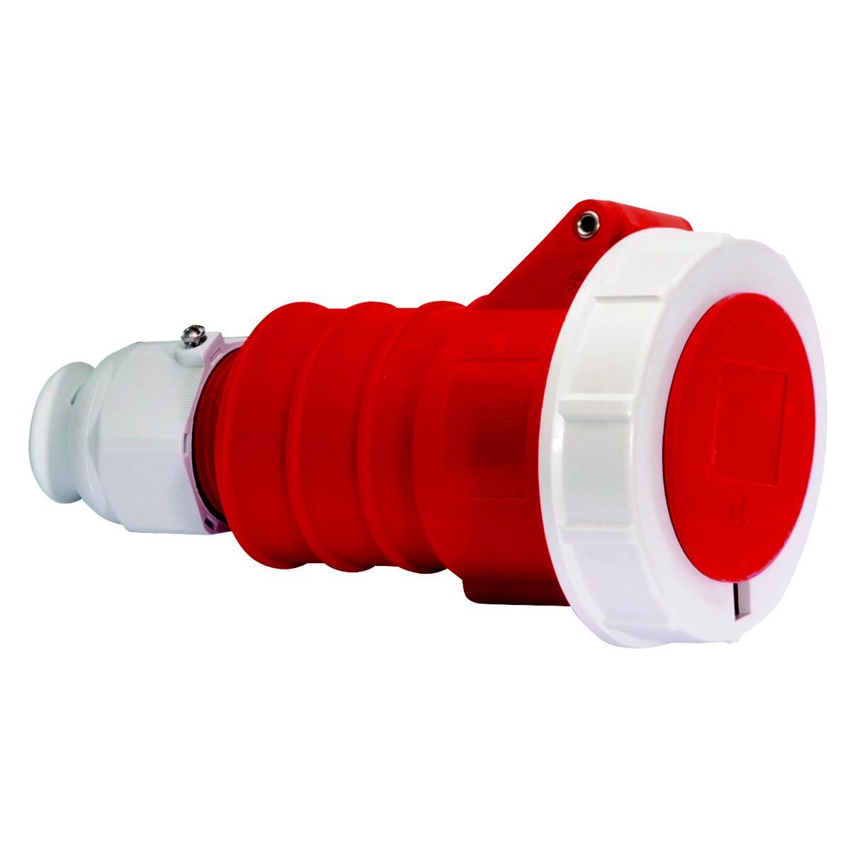 Roter und weißer CEE-Stecker in einem Winkel fotografiert, zeigt seitliche Details und Anschlussrichtung.