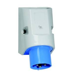 Blauer elektrischer Stecker mit grauem Gehäuse, zur Wandmontage.