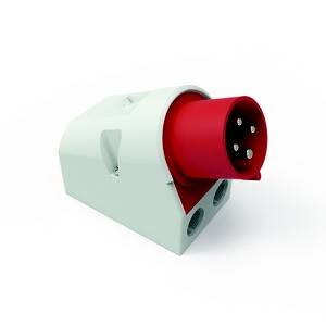 Ein roter, dreipoliger Stecker an einem weißen Gehäuse, geeignet für industrielle Stromanschlüsse.