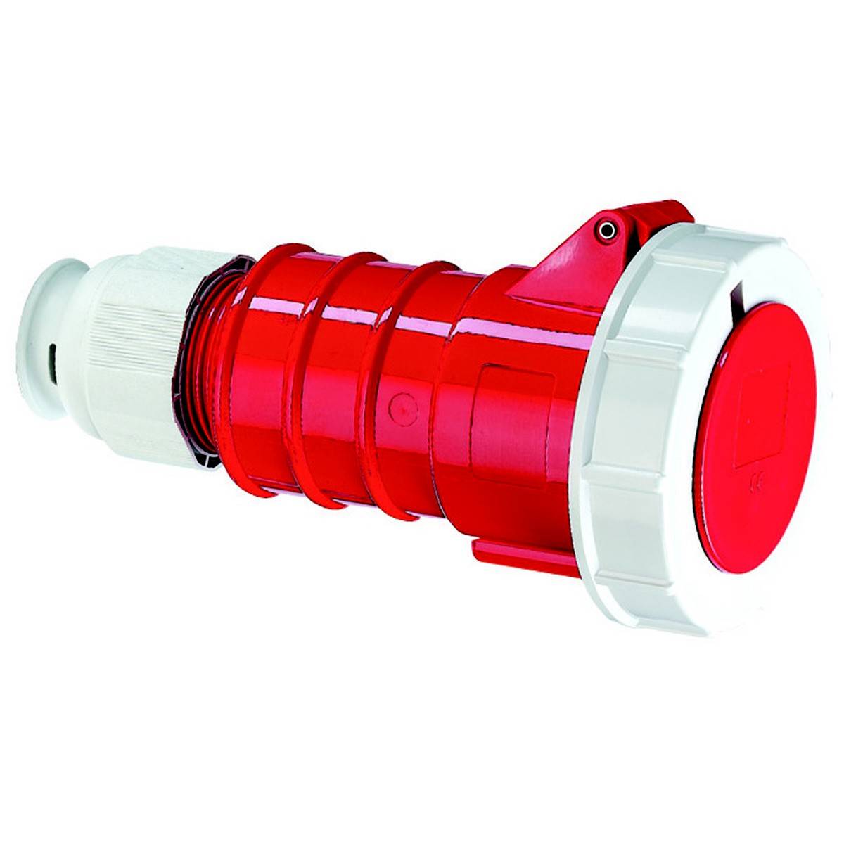 Rot-und-weißer elektrischer Stecker, industrielles Design, konisch, mit Schraubbefestigungen und Schutzkappe.