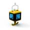 Ein gelber, würfelförmiger Mehrfachstecker mit blauen Steckdosen und einem Haken oben; zur Deckenmontage gedacht.