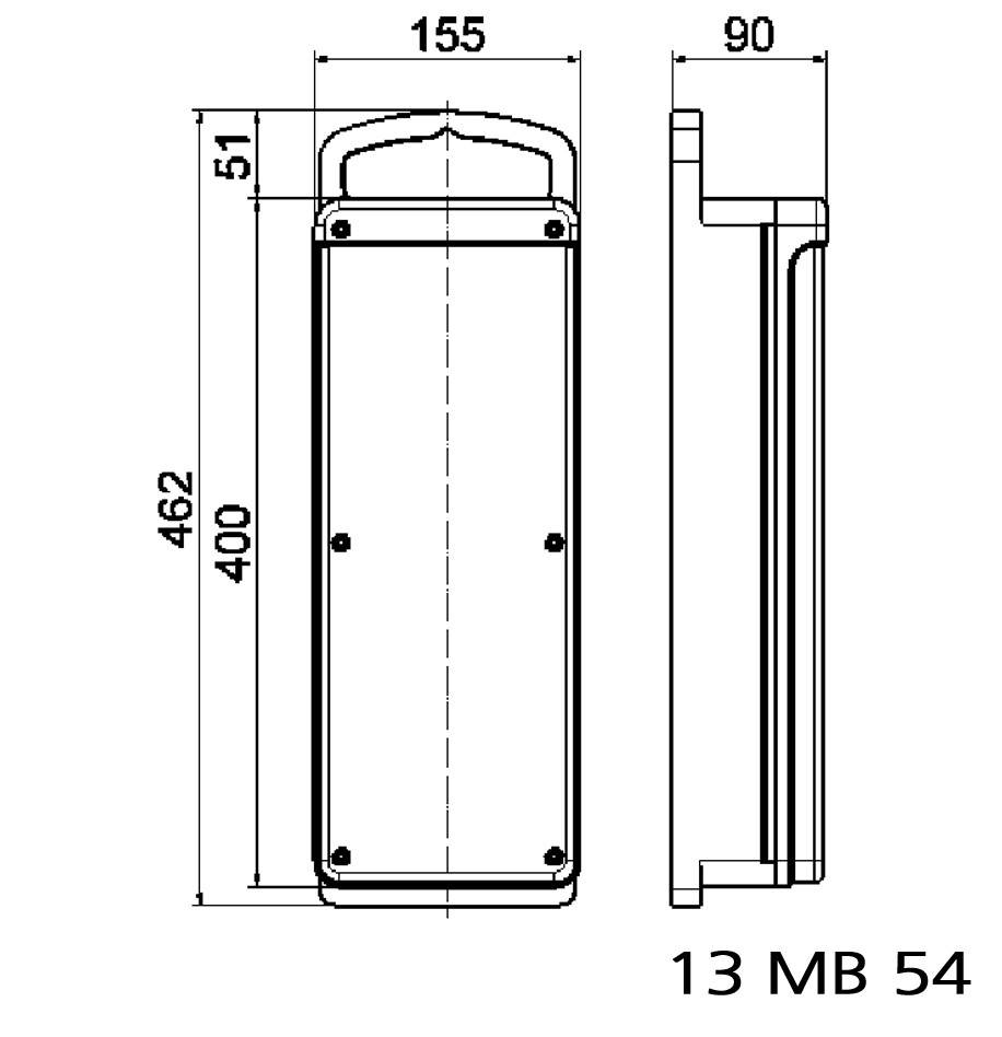 Technische Zeichnung eines rechteckigen Bauteils mit Maßen: 155 mm Breite, 462 mm Höhe, 90 mm Tiefe. Bezeichnung: '13 MB 54'.