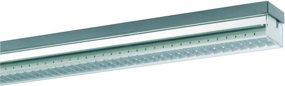Eine längliche Deckenleuchte mit rechteckigem Metallrahmen und integrierten Leuchtdioden (LEDs), geeignet für Büro- oder Gewerberäume.