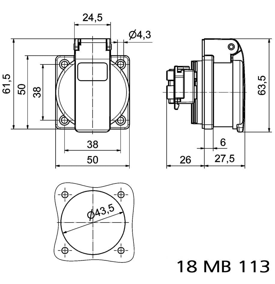Technische Zeichnung einer Steckdose mit Maßen: Breite 61,5 mm, Höhe 63,5 mm. Verschiedene Ansichten und Lochdurchmesser von 43,5 mm.