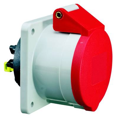 Ein roter, runder Steckdosenstecker, montiert auf einer grauen Platte, mit einem Hebel oben. Geeignet für industrielle Anwendungen.
