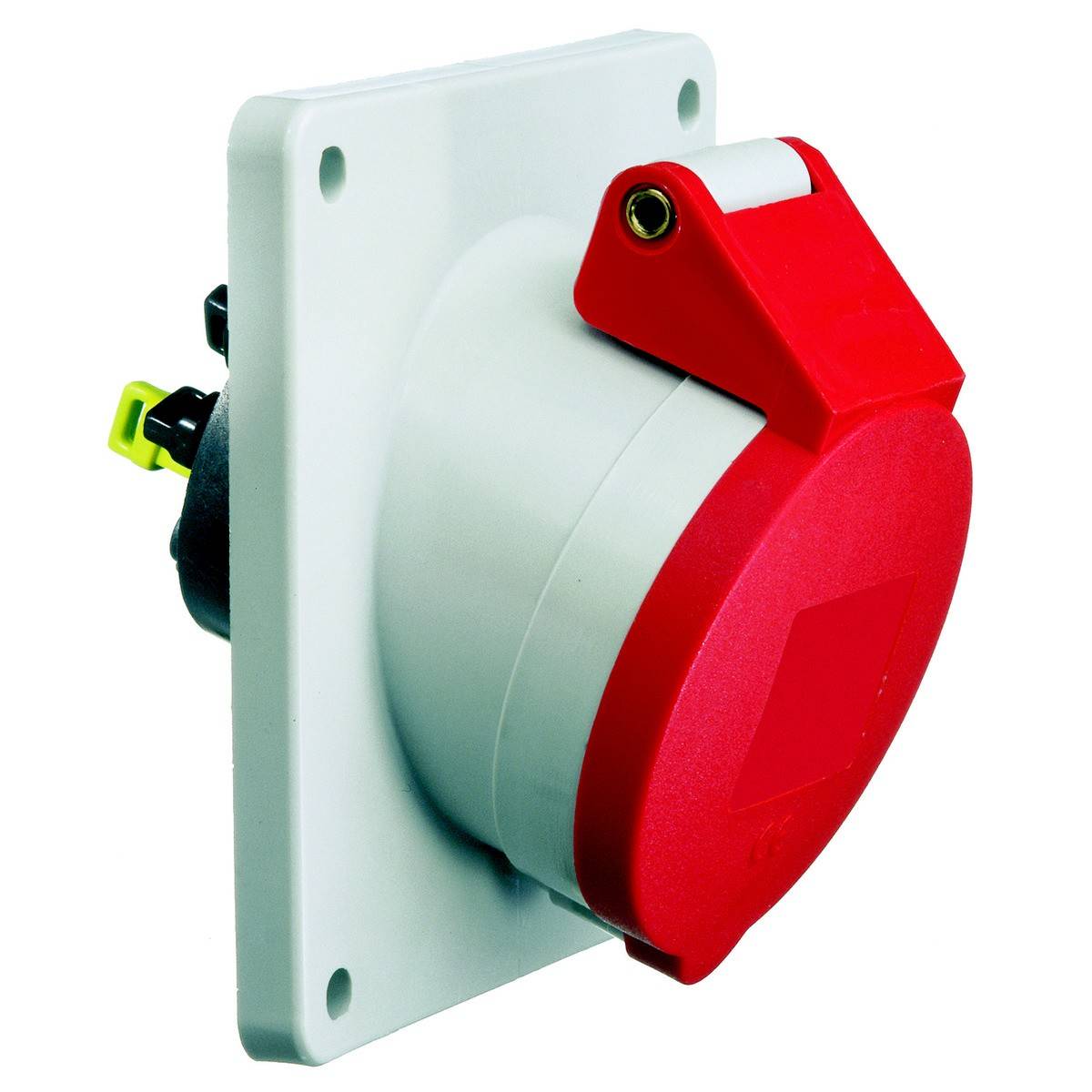 Eine rot-weiße industrielle Powerlock-Buchse für elektrische Anschlüsse, an einer weißen Montageplatte befestigt.