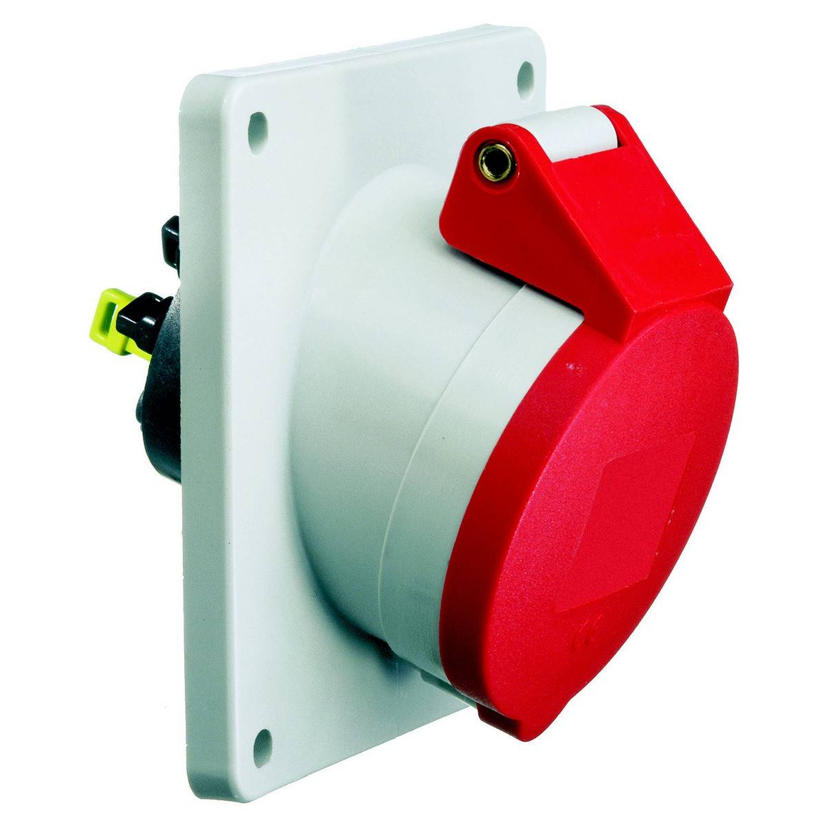 Roter und weißer Starkstromstecker an einer weißen Wandmontageplatte, oft in gewerblichen Bereichen zur Stromversorgung verwendet.