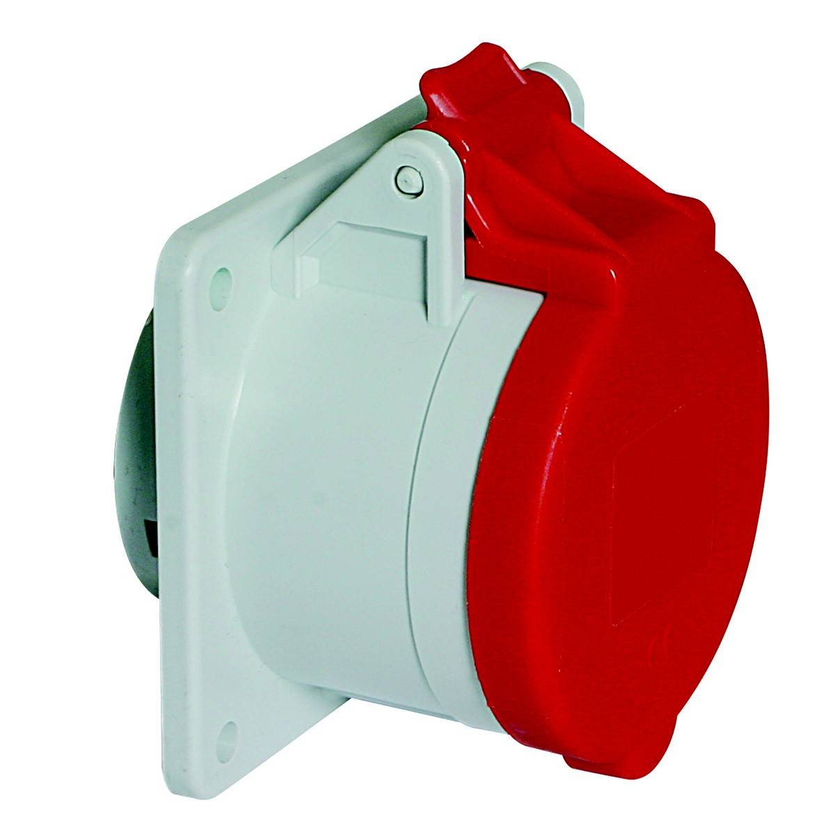 Ein roter, runder Stecker an einer weißen Wandhalterung. Der Stecker ist im Industrie-Design, wahrscheinlich für einen Starkstromanschluss geeignet.